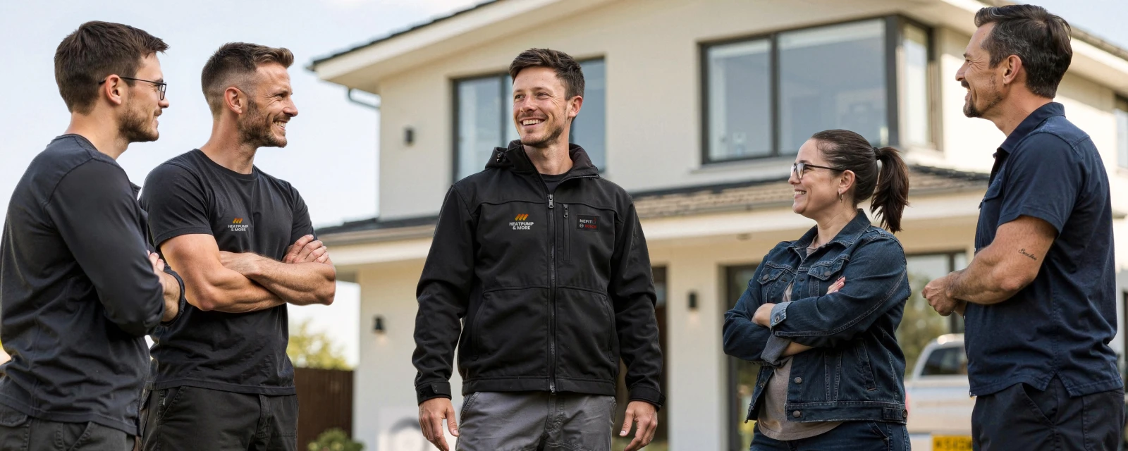 Two Bosch installers are standing next to the Compress 5800i AW heat pump.
